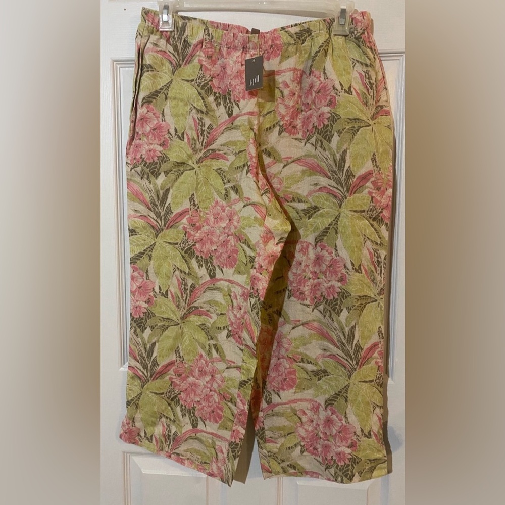 New J. JILL Linen Floral Print Cropped Wide Leg Pull On Pants /Medium Petite